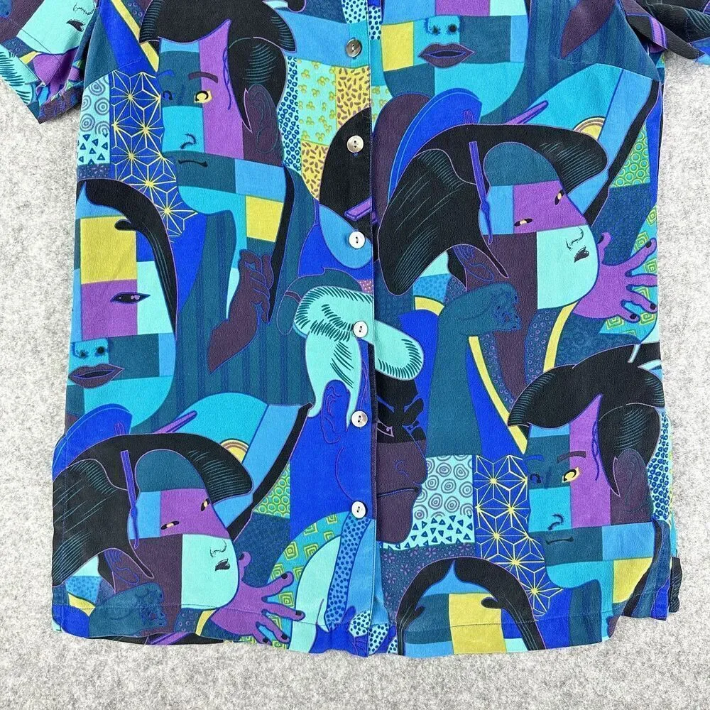 Chicos Silk Top Womens S Silk Abstract Geisha Asian Artsy Print Button Up Shirt